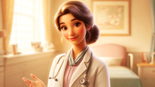 Donna in stile cartone animato in tenuta da professionista sanitario