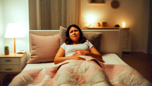 Donna sdraiata a letto che si tiene lo stomaco dolorante